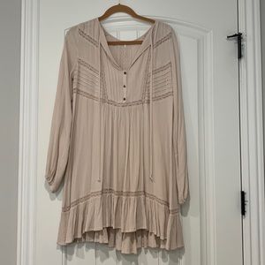 Free People Bohemian Tunic Dress with Slip, Size Small, Cream, Crocheted Trim